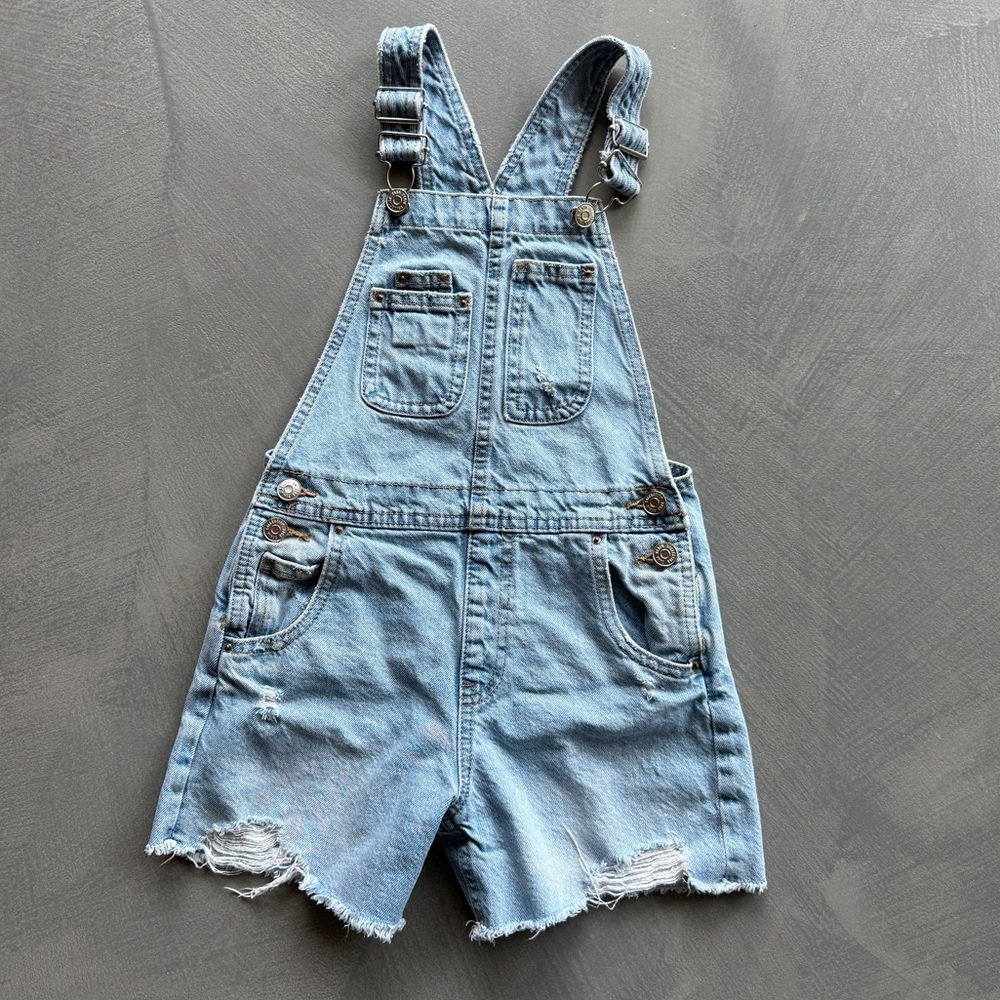Zara Kids Medium Wash Distressed Raw Edge Overalls  {8}
